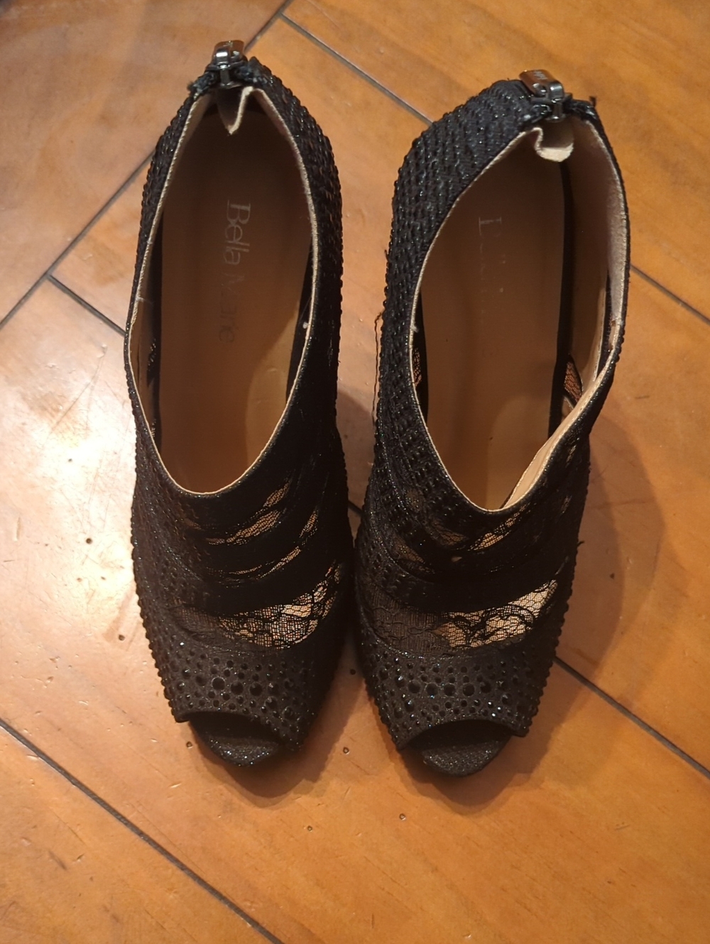 Bella Marie Black Lace Peep-Toe Bootie Heels